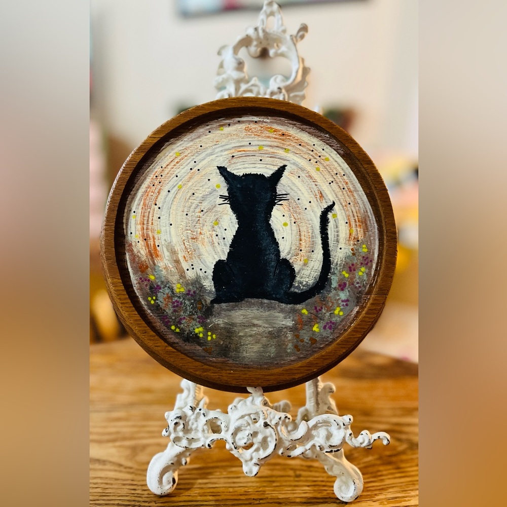 OOAK Original Artwork - Black Cat Full Moon - Halloween Painting - Cat Familiar